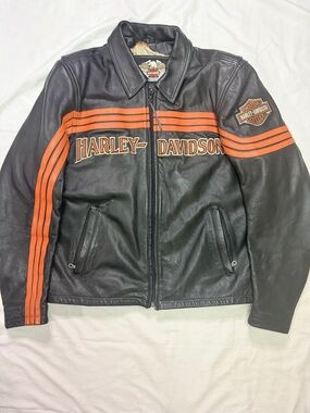 Harley Davidson Leather Jacket XL Black Orange Classic Logo vintage